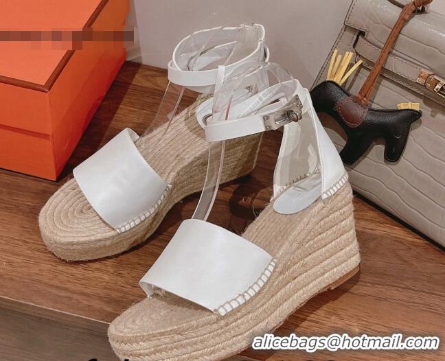 Good Quality Hermes Calfskin Wedge Platform Sandals 8.5cm White 081051