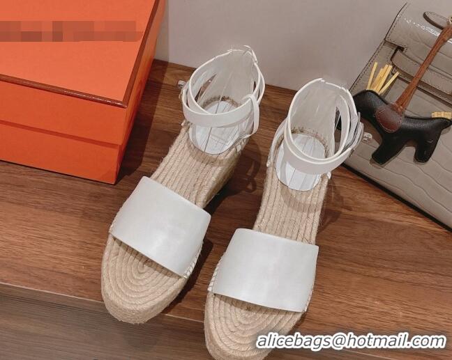 Good Quality Hermes Calfskin Wedge Platform Sandals 8.5cm White 081051