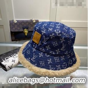 Shop Discount Louis Vuitton Monogram Denim and Shearling Bucket Hat LV2937 Blue 2021