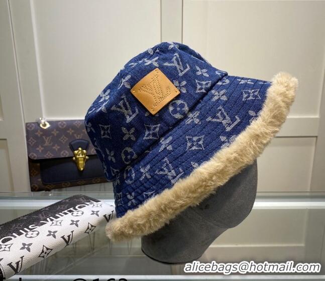 Shop Discount Louis Vuitton Monogram Denim and Shearling Bucket Hat LV2937 Blue 2021