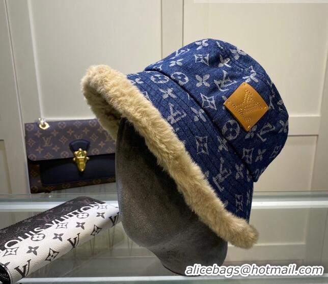 Shop Discount Louis Vuitton Monogram Denim and Shearling Bucket Hat LV2937 Blue 2021