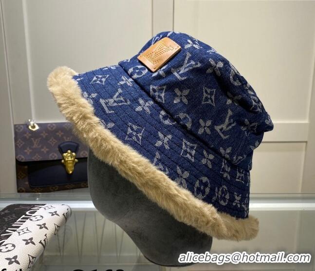 Shop Discount Louis Vuitton Monogram Denim and Shearling Bucket Hat LV2937 Blue 2021