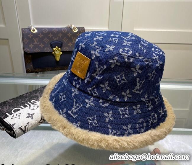 Shop Discount Louis Vuitton Monogram Denim and Shearling Bucket Hat LV2937 Blue 2021