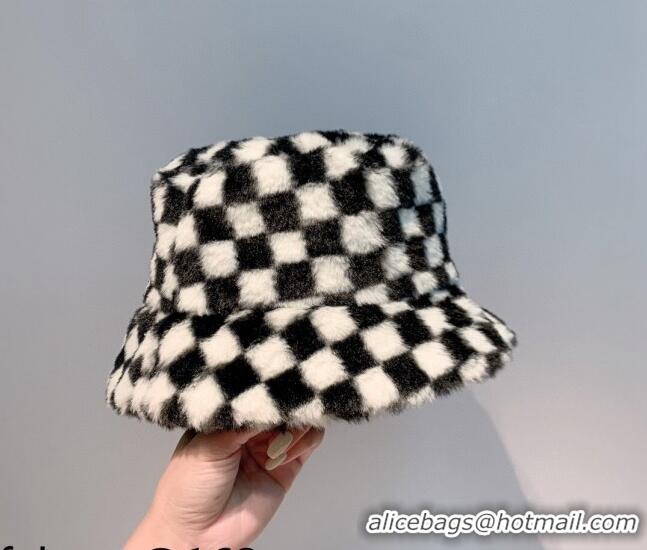 Promotional Louis Vuitton Check Rabbit Fur Bucket Hat 10474 White/Black 2021