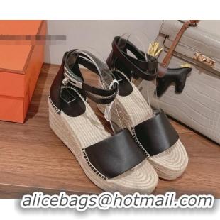 Hot Style Hermes Calfskin Wedge Platform Sandals 8.5cm Black/Beige 081052