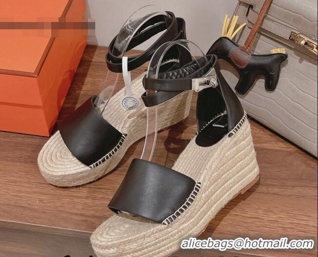 Hot Style Hermes Calfskin Wedge Platform Sandals 8.5cm Black/Beige 081052