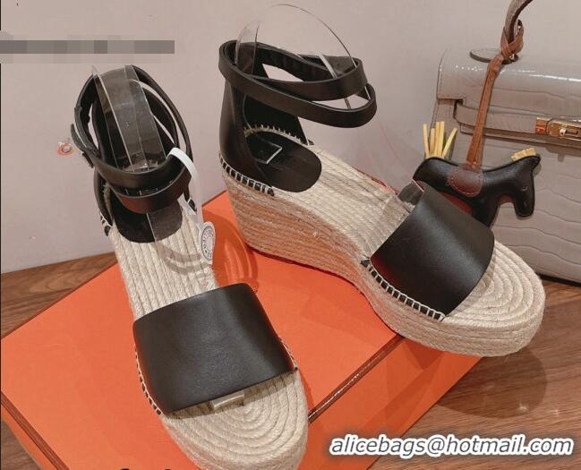 Hot Style Hermes Calfskin Wedge Platform Sandals 8.5cm Black/Beige 081052