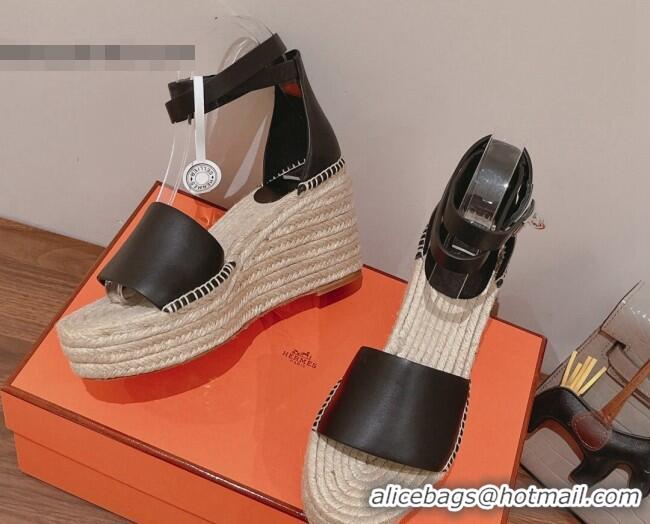 Hot Style Hermes Calfskin Wedge Platform Sandals 8.5cm Black/Beige 081052