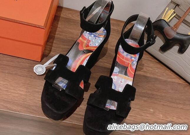 Cheap Price Hermes Suede Platform Sandals with Silk Bandeau Black 081053