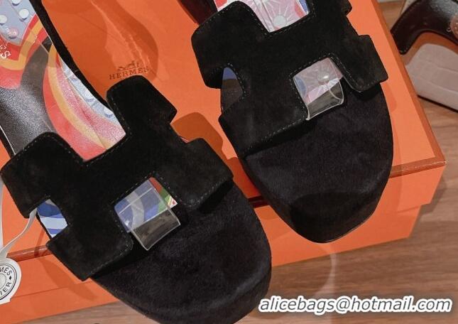 Cheap Price Hermes Suede Platform Sandals with Silk Bandeau Black 081053