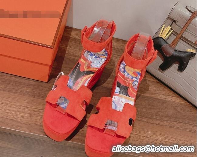 Discount Hermes Suede Platform Sandals with Silk Bandeau Orange 081054