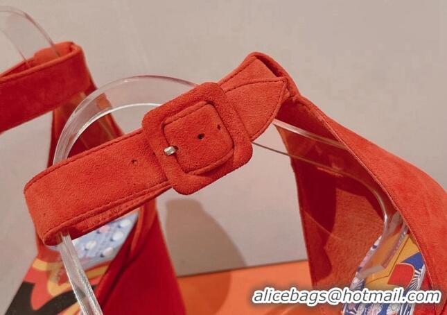 Discount Hermes Suede Platform Sandals with Silk Bandeau Orange 081054