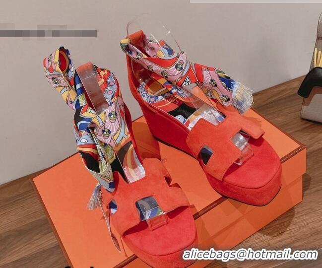 Discount Hermes Suede Platform Sandals with Silk Bandeau Orange 081054