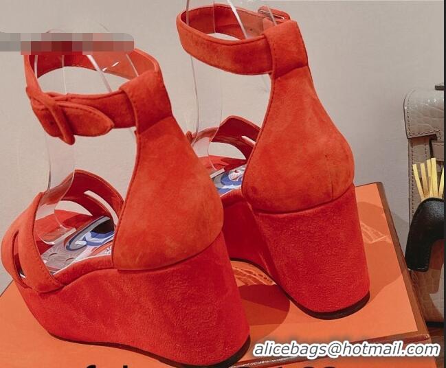 Discount Hermes Suede Platform Sandals with Silk Bandeau Orange 081054