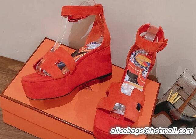 Discount Hermes Suede Platform Sandals with Silk Bandeau Orange 081054