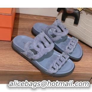 Classic Hermes Chypre Suede Slide Sandals Dusty Blue 081327