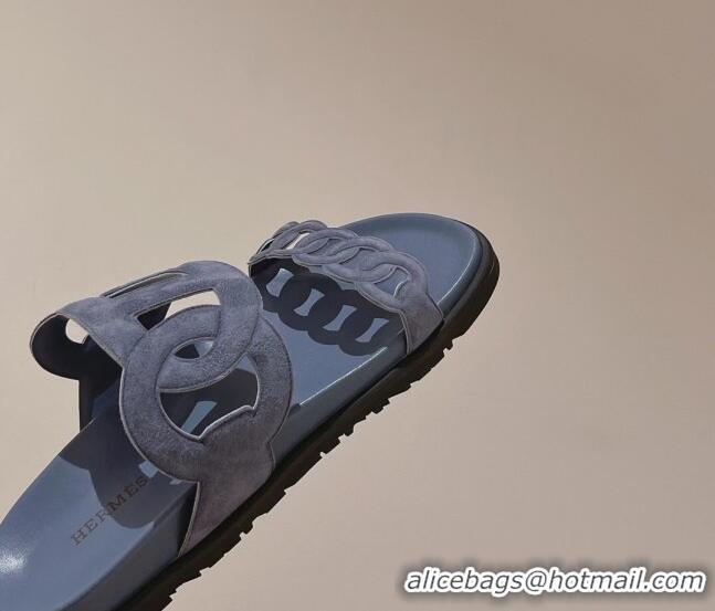 Classic Hermes Chypre Suede Slide Sandals Dusty Blue 081327