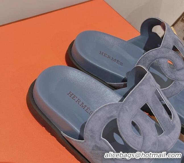 Classic Hermes Chypre Suede Slide Sandals Dusty Blue 081327