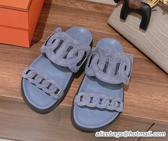 Classic Hermes Chypre Suede Slide Sandals Dusty Blue 081327