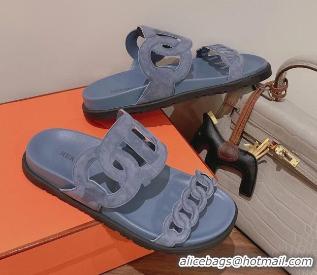 Classic Hermes Chypre Suede Slide Sandals Dusty Blue 081327