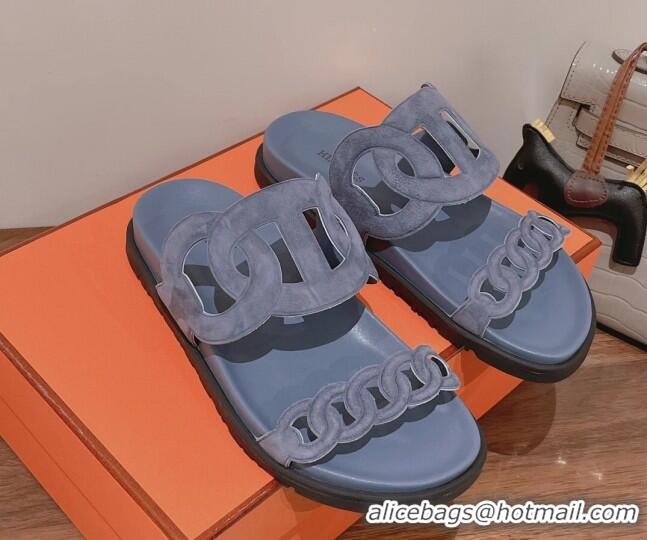 Classic Hermes Chypre Suede Slide Sandals Dusty Blue 081327