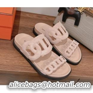 Pretty Style Hermes Chypre Suede Slide Sandals Light Pink 081328