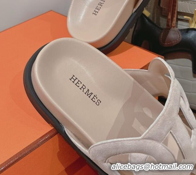 Pretty Style Hermes Chypre Suede Slide Sandals Light Pink 081328