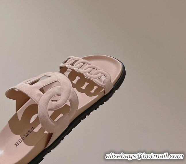 Pretty Style Hermes Chypre Suede Slide Sandals Light Pink 081328