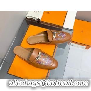 Grade Quality Hermes Kelly Printed Calfskin Flat Mules Brown 0825107