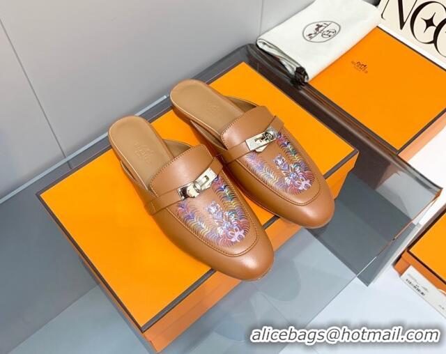 Grade Quality Hermes Kelly Printed Calfskin Flat Mules Brown 0825107