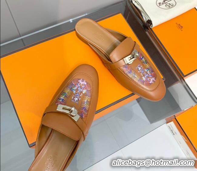 Grade Quality Hermes Kelly Printed Calfskin Flat Mules Brown 0825107