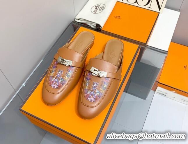 Grade Quality Hermes Kelly Printed Calfskin Flat Mules Brown 0825107