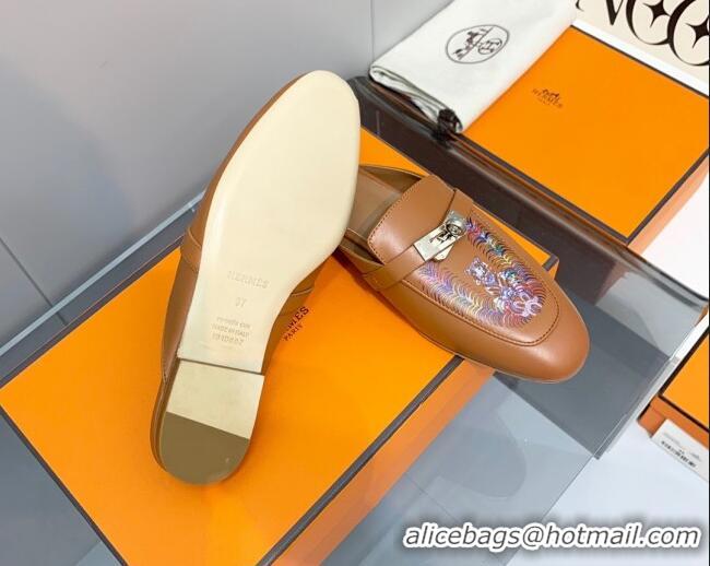 Grade Quality Hermes Kelly Printed Calfskin Flat Mules Brown 0825107