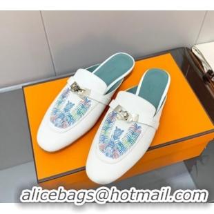 Best Price Hermes Kelly Printed Calfskin Flat Mules White 825108