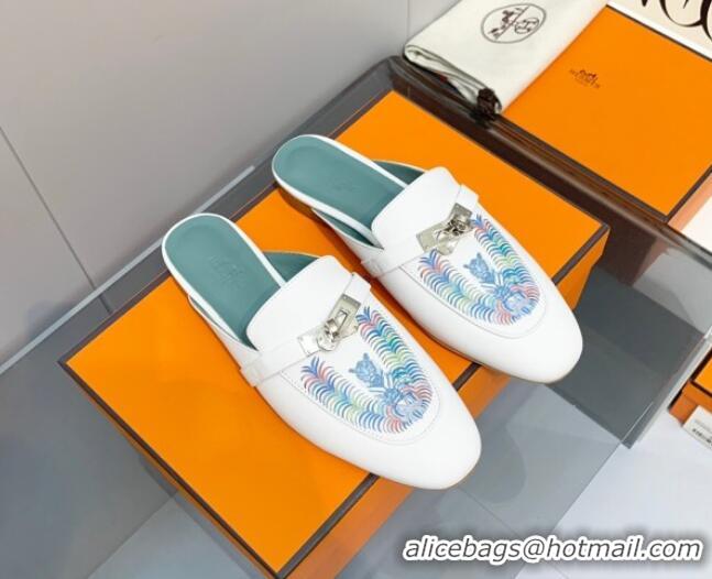 Best Price Hermes Kelly Printed Calfskin Flat Mules White 825108