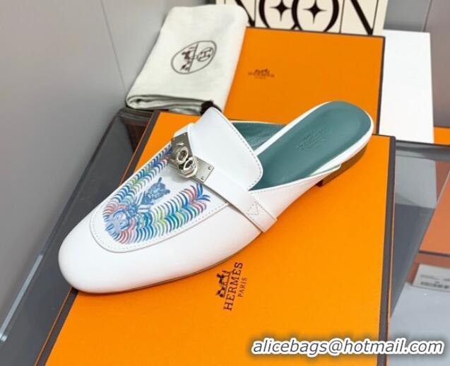 Best Price Hermes Kelly Printed Calfskin Flat Mules White 825108