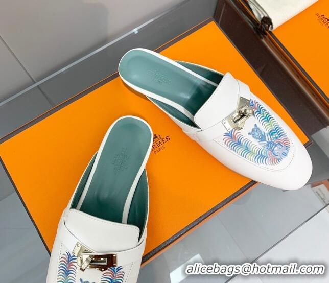 Best Price Hermes Kelly Printed Calfskin Flat Mules White 825108