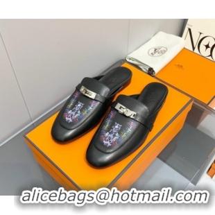 Discount Hermes Kelly Printed Calfskin Flat Mules Black 825109