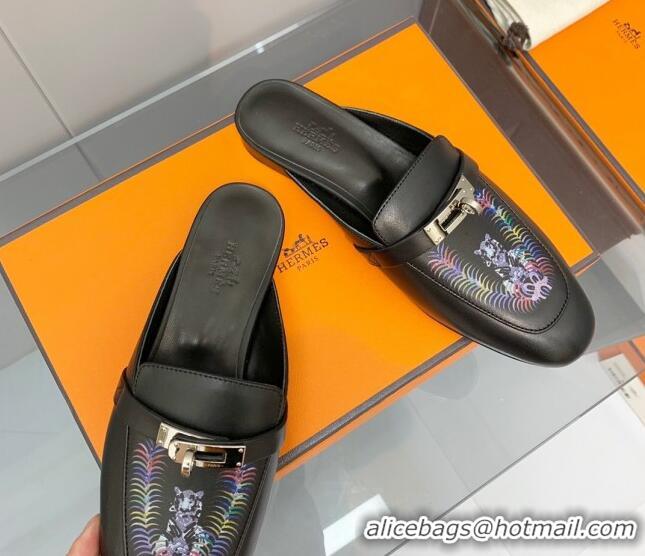 Discount Hermes Kelly Printed Calfskin Flat Mules Black 825109