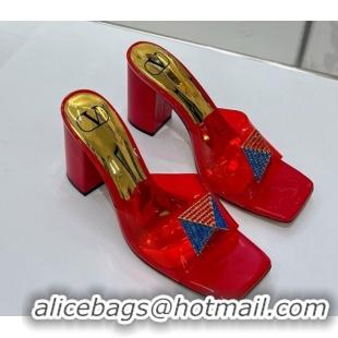 Hot Style Valentino Crystal PVC Mid-Heel Slide Sandals 052411 Red