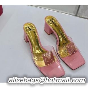 Classic Hot Valentino Crystal PVC Mid-Heel Slide Sandals Pink 052420