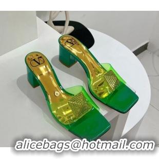 Low Cost Valentino Crystal PVC Mid-Heel Slide Sandals Green 052422