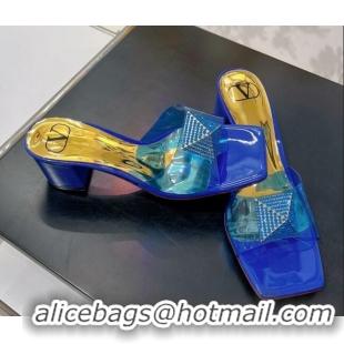 Grade Valentino Crystal PVC Mid-Heel Slide Sandals Blue 052424