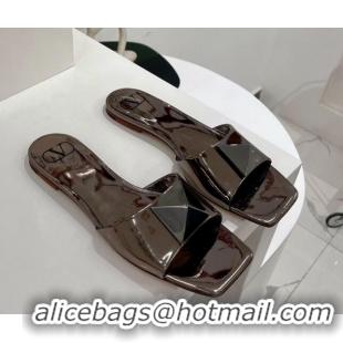 Top Grade Valentino One Stud Patent Leather Flat Slide Sandals Grey 052429