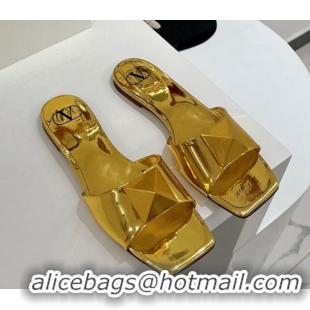 Best Grade Valentino One Stud Patent Leather Flat Slide Sandals Gold 052433