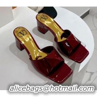 Unique Style Valentino One Stud Patent Leather Mid-Heel Slide Sandals 5.5cm Burgundy 052440