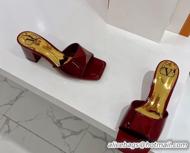 Unique Style Valentino One Stud Patent Leather Mid-Heel Slide Sandals 5.5cm Burgundy 052440