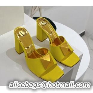 Shop Duplicate Valentino One Stud Calfskin High-Heel Slide Sandals 9.5cm Yellow 052448