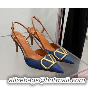 Perfect Valentino VLogo Denim Slingback Pumps 8cm Blue 052471