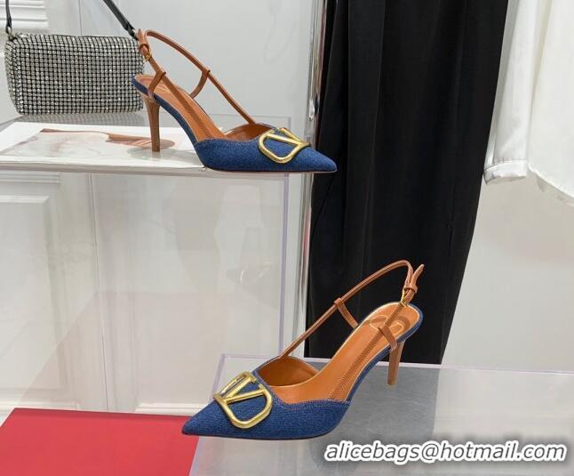 Perfect Valentino VLogo Denim Slingback Pumps 8cm Blue 052471